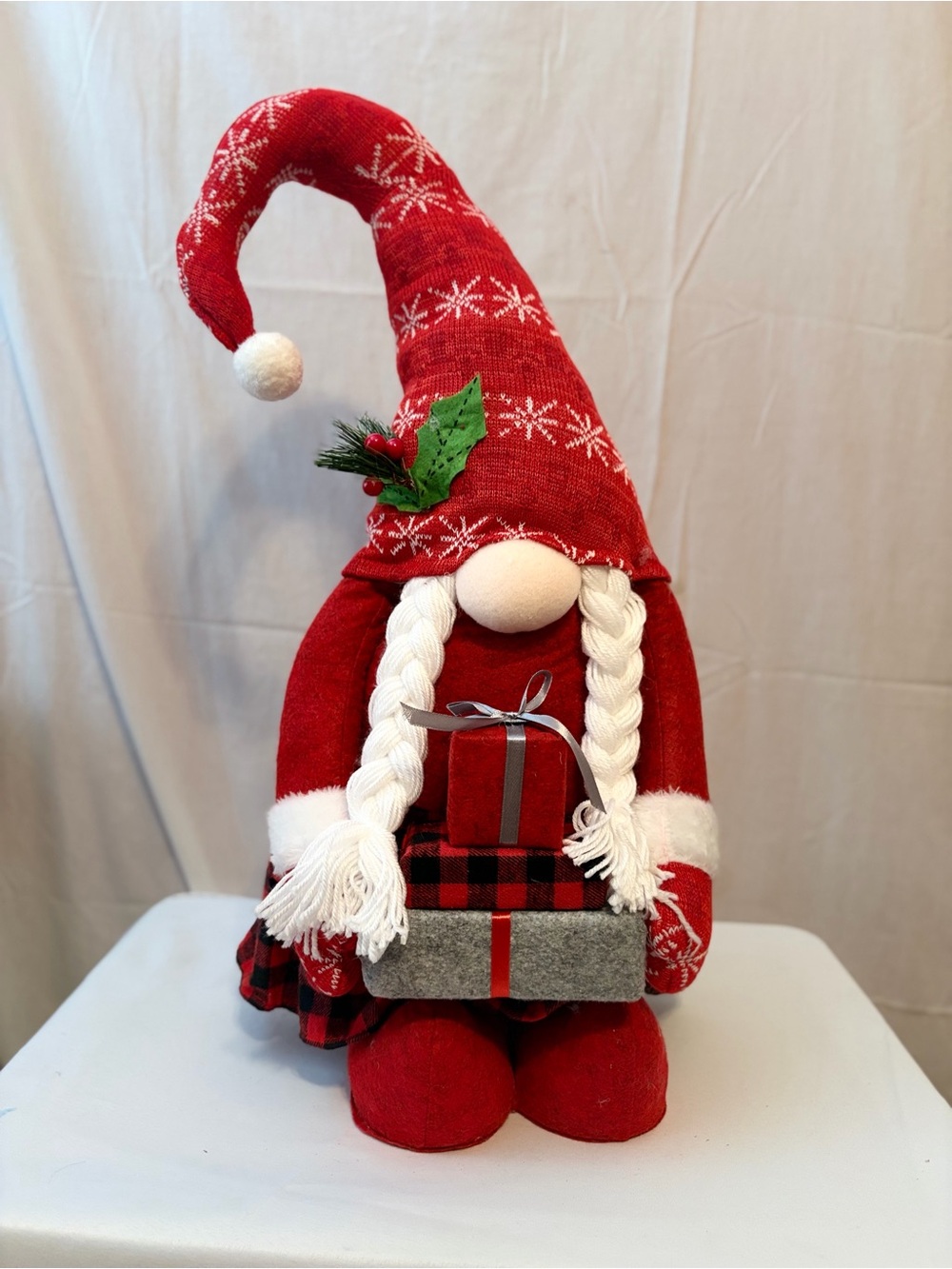 Holiday Gnome Figurine in Red with Braided Hair